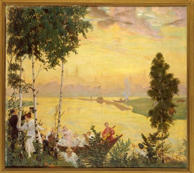 田舎へのゲッタウェイ (Country Trip)。 Boris Michaylovich Kustodiev (Kustodiev) (1878-1927) による絵画、キャンバスに油彩 作： Boris Mikhailovich Kustodiev