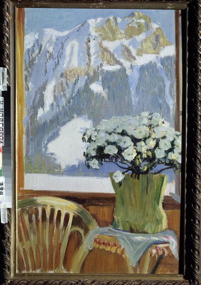 山の景色を望むバルコニーの花。 Boris Michaylovich Kustodiev (Kustodiev) (1878-1927) による絵画、キャンバスに油彩 作： Boris Mikhailovich Kustodiev