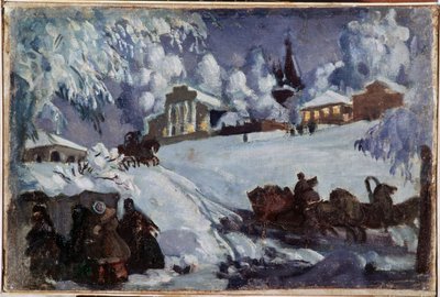 冬、そり（Winter. Sleigh Ride）。 ボリス・ミハイロヴィッチ・クストディエフ (クストディエフ) (1878-1927) の絵画、キャンバスに油彩、1920 年頃。ロシア美術、20 世紀初頭。 プライベート コレクション。 作： Boris Mikhailovich Kustodiev