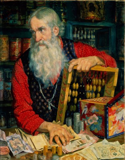 商人（お金とそろばんを持った老人）。 Boris Michaylovich Kustodiev (Kustodiev) (1878-1927) による絵画、キャンバスに油彩 作： Boris Mikhailovich Kustodiev