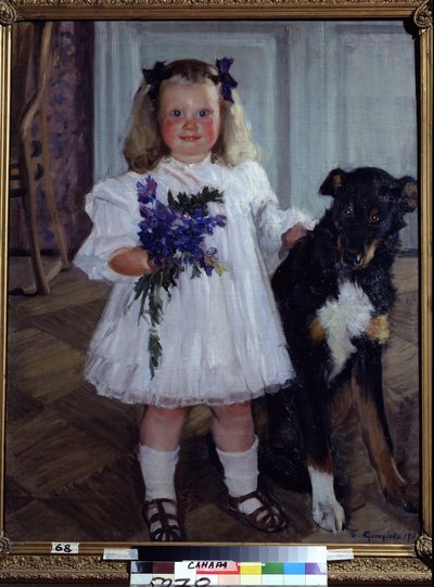 犬シュムカと娘イリーナの肖像画。 Boris Michaylovich Kustodiev (Kustodiev) (1878-1927) による絵画、キャンバスに油彩 作： Boris Mikhailovich Kustodiev
