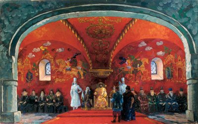 ロシア皇帝ボリス・フョードロヴィチ・ゴドゥノフ（1551-1605）の表現、プーシキン作「ボリス・ゴドゥノフ」の劇中装飾（油彩・キャンバス 作： Boris Mikhailovich Kustodiev