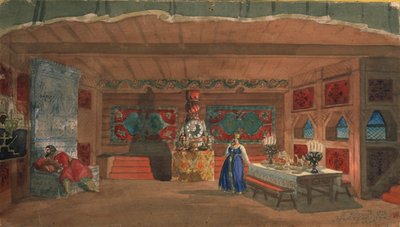 オペラの舞台デザイン、N。リムスキーコルサコフ作「1919年の花嫁」 作： Boris Mikhailovich Kustodiev