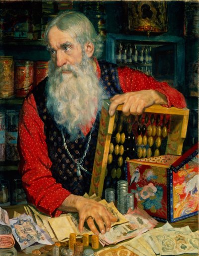 お金のある商人老人、1918 作： Boris Mikhailovich Kustodiev
