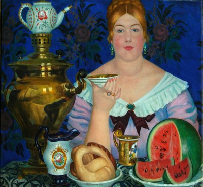 お茶を飲む商人の妻、1923 作： Boris Mikhailovich Kustodiev