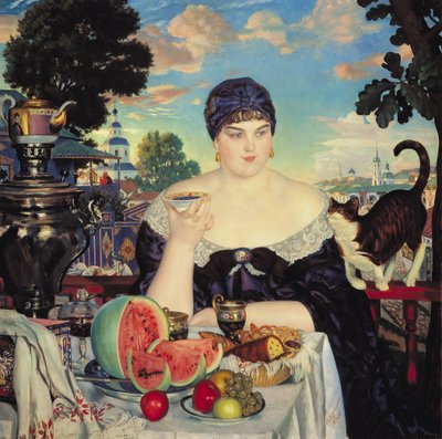 お茶で商人の妻が 作： Boris Mikhailovich Kustodiev