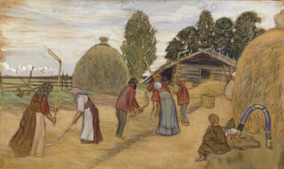 脱穀場、1918 作： Boris Mikhailovich Kustodiev