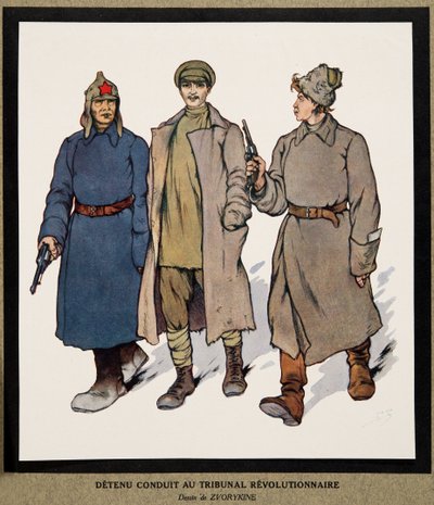 革命法廷に連行される被拘禁者（Histoire des Soviets, pub.1922年（カラーリトグラフ）より 作： Boris Vasilievich Zvorykin