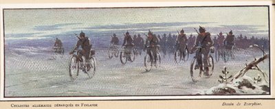 フィンランドに到着したドイツの自転車乗りたち；Histoire des Soviets, pub.1922年（カラーリトグラフ）。 作： Boris Vasilievich Zvorykin