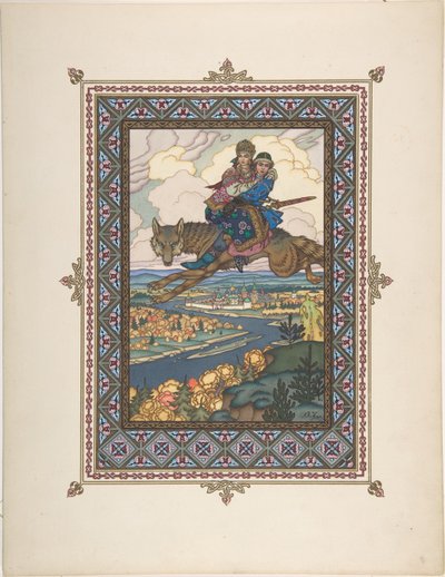 イワン・ツァレビッチ、ファイヤーバード、およびグレイ・ウルフのおとぎ話のイラストc。 1925 作： Boris Vasilievich Zvorykin