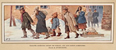 配給品を持ってオフィスを出るソビエトの労働者（Histoire des Soviets, pub.1922年（カラーリトグラフ）より 作： Boris Vasilievich Zvorykin