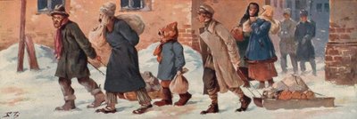 配給品を持ってオフィスを出るソ連の労働者たち（カラーリトグラフ 作： Boris Vasilievich Zvorykin