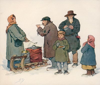 ソビエトロシアの路上で温かいスープを売る女性（カラーリトグラフ 作： Boris Vasilievich Zvorykin