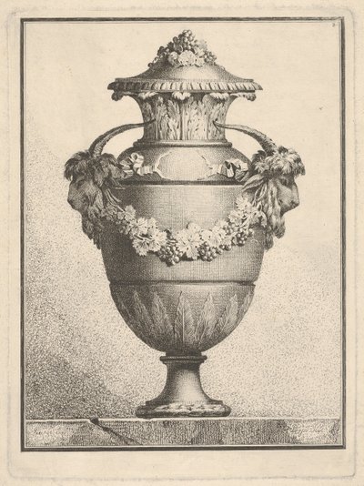 2頭のヤギの頭と花輪を備えた覆われた花瓶のデザイン、1764年. 作： Bossi