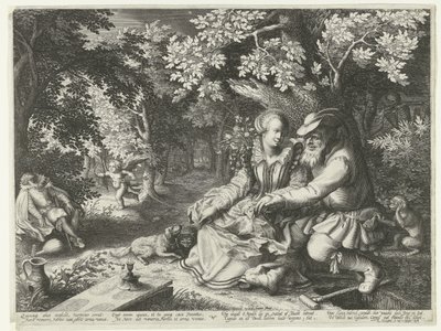 死神とキューピッドは互いに矢を放ち、老人は若い女性に礼儀正しくする 作： Boëtius Adamsz. Bolswert