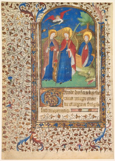 ブックのリーフ：Sts。ジュヌヴィエーヴ、アレクサンドリアのキャサリン、マーガレット・レクト...、c。 1415年 作： Boucicaut Master
