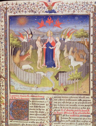Ms 251、f.16r：Des Proprietes De Chosesからのアダムとイブの結婚、c.1415金箔、金インク＆276966の羊皮紙の細部のテンペラ 作： Boucicaut Master