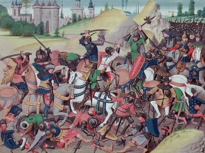 Ms 5089-90十字軍の間のサラセン人とクリスチャンの間の戦い、デイヴィッドオーベールによるChroniques des empereursから、1462 作： Brabant School