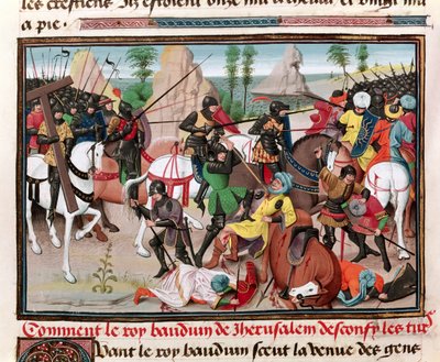 Ms 5089-90 David Aubert、1462年のChroniques des empereursによるボールドウィン1世（c.1058-1118）とトルコ人の間の戦い 作： Brabant School
