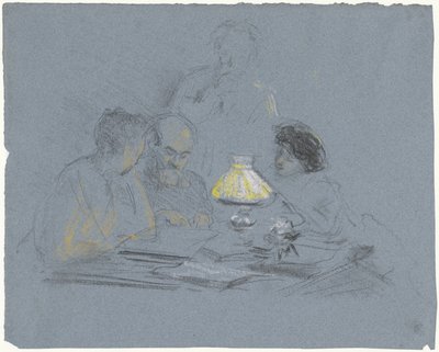 A. グランモントと 3 人の人物、ランプの明かりで読書 作： Bramine Hubrecht