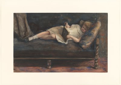 ソファに横になって本を読んでいる女の子 作： Bramine Hubrecht