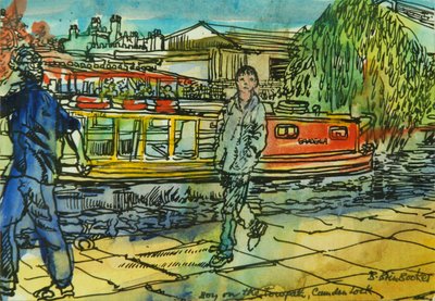 Camden Lock, Towpath上の少年たち」（水彩・紙 作： Brenda Brin Booker