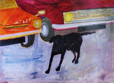 中古車のロットで犬、赤い車でレックス 作： Brenda Brin Booker