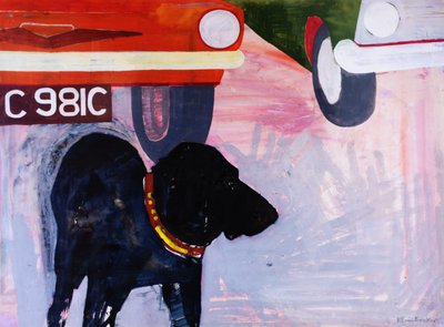 中古車のロットで犬、オレンジ色の車でレックス 作： Brenda Brin Booker
