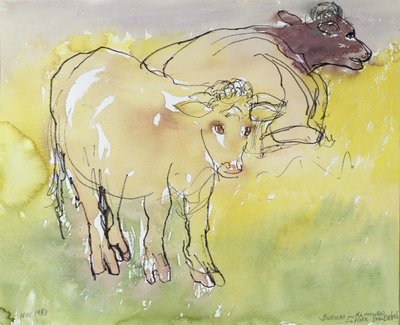 1983年の牧草地の若いBullocks（紙にトイレとペンとインク） 作： Brenda Brin Booker