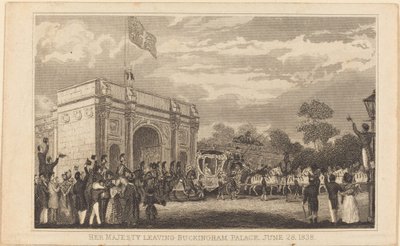バッキンガム宮殿を離れる女王陛下、1838 年 6 月 28 日 [左半分] 作： British 19th Century