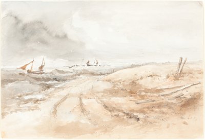 途切れ途切れの水のボートと海岸のシーン 作： British 19th Century