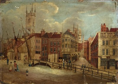 セント・スティーブンスとコーン・ストリートのあるセント・オーガスティン・リーチの眺め、1810年頃（パネルに油彩） 作： British School