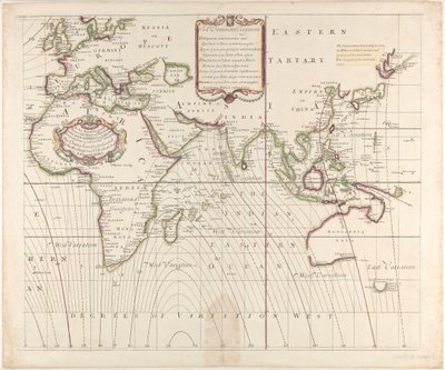 1700年に発見されたコンパスの変動を示す、新しく正しい全世界の海図。 作： British School