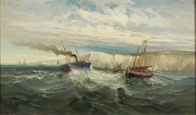ドーバーの白い崖で砕ける波 (キャンバスに油彩) 作： British School