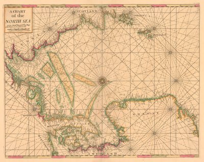 北海の海図：ノルウェーからドーバー海峡、1700年頃（カラー版画） 作： British School