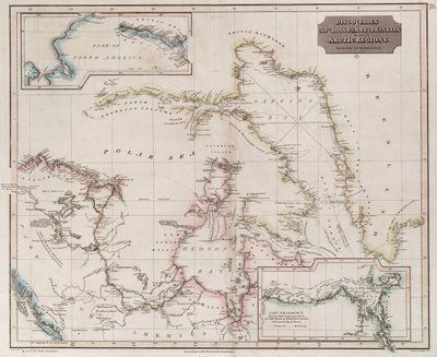 1818年から1827年にかけてのロス、パリー、フランクリンによる北極圏での発見を示す図（1830年頃、カラー版画） 作： British School
