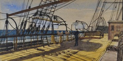 デメララへ向かうロイヤル・スチーム・パケット・ラインのS Sドン号の甲板、銘入り、1880-90年頃（水彩画） 作： British School