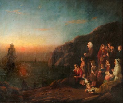 1620年の「メイフラワー号」の出発（キャンバスに油彩） 作： British School
