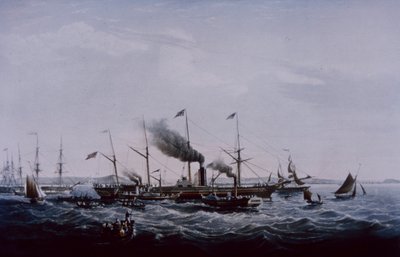 1837 年にブリストルで完成した、ブルネルによって設計されたグレート ウェスタン蒸気船 (カラー リソ) 作： British School