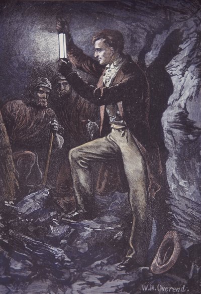 1815 年に発明された鉱山労働者用の Davy 安全ランプを備えた Humphry Davy (手描きの木版画) 作： British School