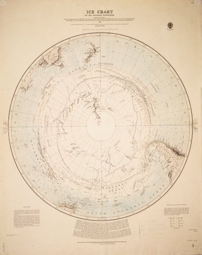 クック1772-5年、ベリングスハウゼン1819-21年...そしてシャクルトン1908-9年の航海から作成された南半球の氷海図。 作： British School