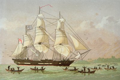 南海のオタハイテに到着した伝道船「ダフ」、Kronheim & Co.発行（カラーリソ） 作： British School