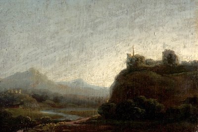 山岳風景、夕方（木に油彩） 作： British School