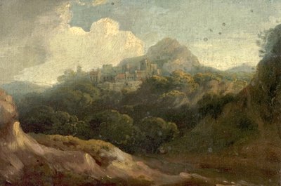 山岳風景、朝（木に油彩） 作： British School