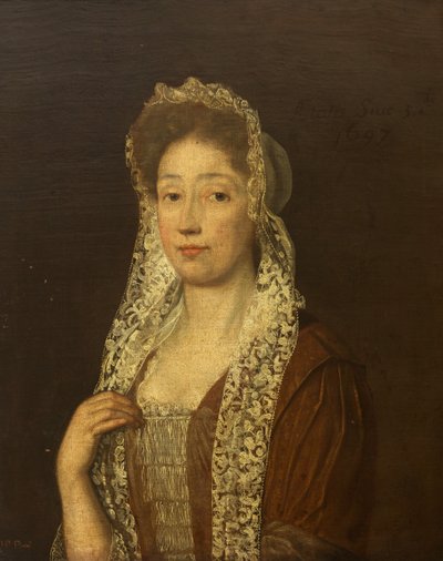 レースの帽子と紐を持つ女性の肖像 作： British School