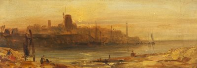 日没：港と灯台、1825年頃（キャンバスに置かれた紙に油彩） 作： British School