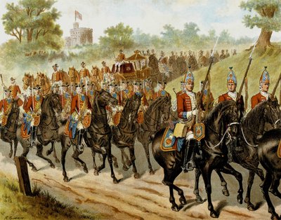 1742 年のロイヤル エスコート (ジョージ 2 世) - 「ハーパーの若者たち」 作： British School