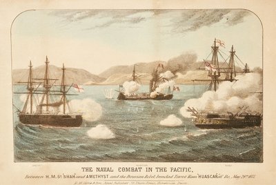 1877年5月29日、イロ沖でのHMS「シャー」「アメジスト」とペルーの反乱軍、鉄壁の砲塔ラム・ワスカルの太平洋海戦 作： British School