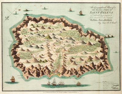このセントヘレナ島の地形図は、許可を得てケント・ストラザーン公爵陸軍元帥殿下に捧げるものである。 作： British School