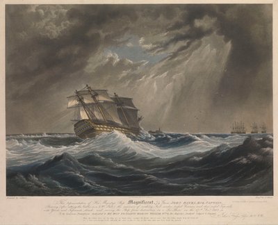 陛下の艦船「マグニフィセント」（74門）を表現したもの。 作： British School